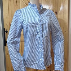 H&M Light Blue and White Striped Ruffle Button-Up Blouse